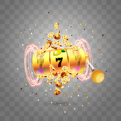 Golden slot machine wins the jackpot 777 on transparent background of an explosion of coins. Vector illustration