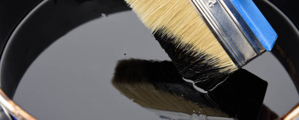 istock Roofer's hand holding a brush with bituminous mastic 1227136922