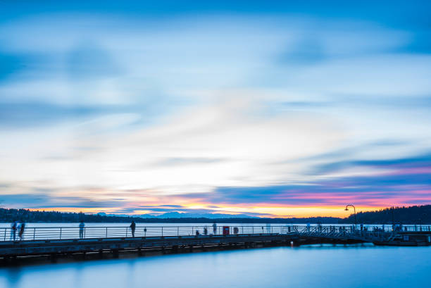 scene of walk way on the lake when sunset.