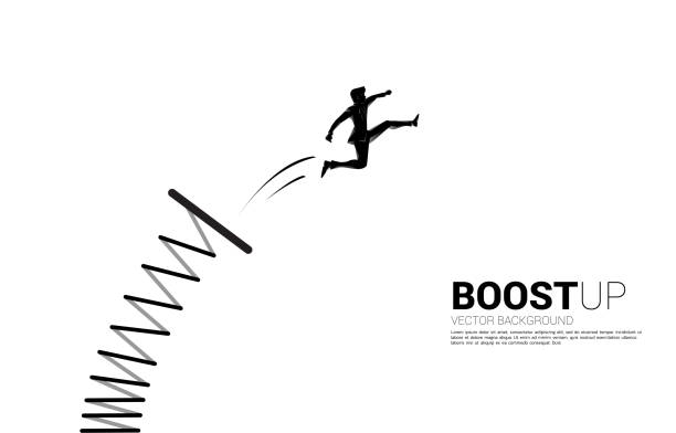 Silhouette of businessman jump higher with springboard. Concept of boost and growth in business. diving board stock illustrations