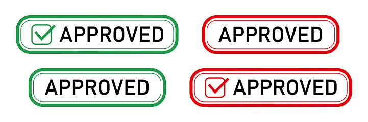 Approved Stamp red or green approved square rubber stamp on white background. Approved set. Vector