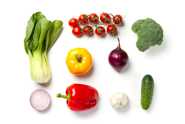 istock vegetable flat lay. raw vegetables, cucumber purple cabbage spinach tomatoes paprika onion broccoli herb, plenty of copy-space 1227144108