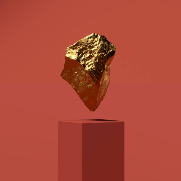 3D rendering of a cliff of gold, a sculpture levitates above a curbstone on a red background 3D rendering of a cliff of gold, a sculpture levitates above a curbstone on a red background, banner or wallpaper stone object stock pictures, royalty-free photos & images