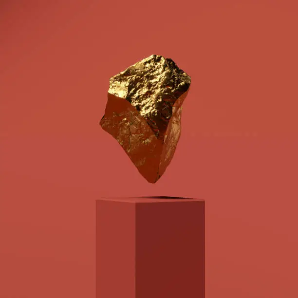 Photo of 3D rendering of a cliff of gold, a sculpture levitates above a curbstone on a red background