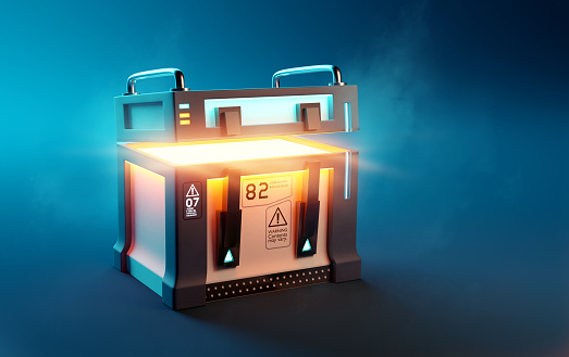 Fantasy Futuristic mystery loot box case opening up to reveal its surprise contents. 3D illustration.