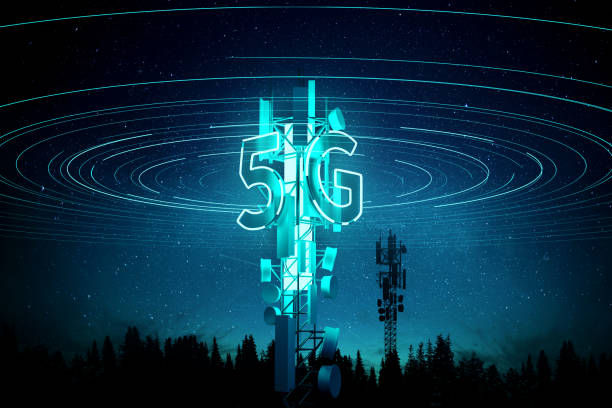 5G signal Communication Mast Concept 5G mobile signal Communication Mast (cell tower) Super fast data streaming concept. 3D illustration. 5g stock pictures, royalty-free photos & images