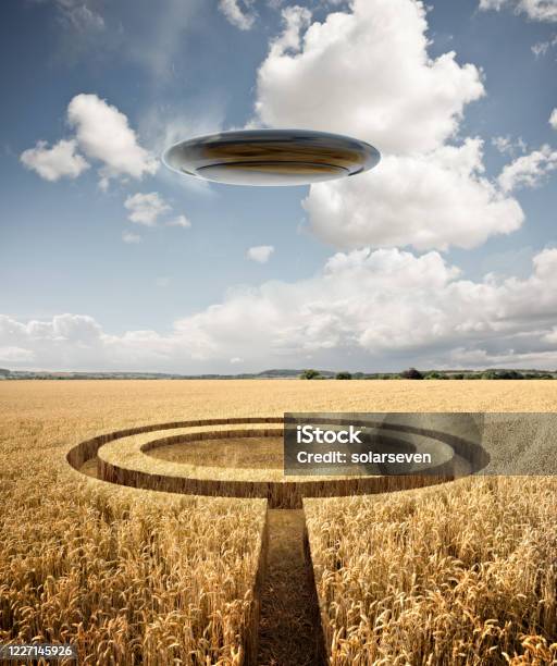 Strange Encounter A Ufo Leaves Crop Circles In A Field Stock Photo - Download Image Now