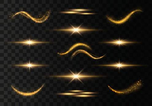 Light trails, waves, effect on transparent background. Futuristic Golden Flash. Glowing shiny spiral lines. The yellow sparks and stars shine. Magical dust particles. Vector