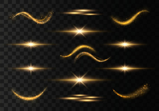 Light trails wave Light trails, waves, effect on transparent background. Futuristic Golden Flash. Glowing shiny spiral lines. The yellow sparks and stars shine. Magical dust particles. Vector light natural phenomenon stock illustrations