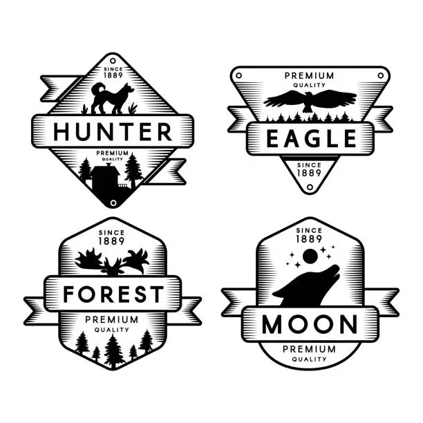 Vector illustration of Flying Eagle and Hunter, Moon and Forest Set Logo