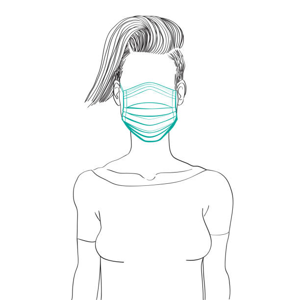 Woman with combover hairstyle wearing a mask doodle avatar Hand drawn artistic illustration of an anonymous avatar of a young woman with comb over hairstyle in a casual shirt, wearing a mask, web profile doodle isolated on white comb over stock illustrations