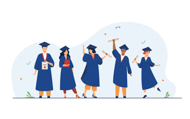 bildbanksillustrationer, clip art samt tecknat material och ikoner med glada olika elever firar examen från skolan - universitet illustrationer