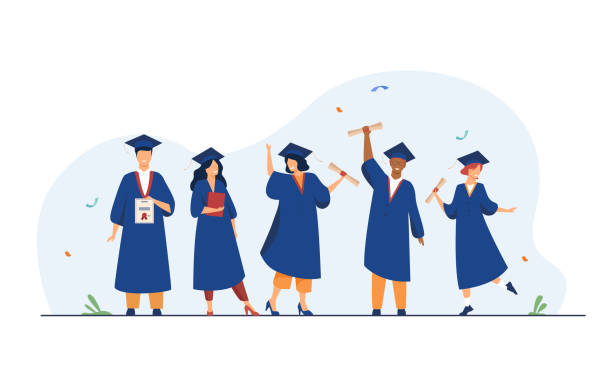 mutlu çeşitli öğrenciler okuldan mezuniyet kutluyor - graduation stock illustrations