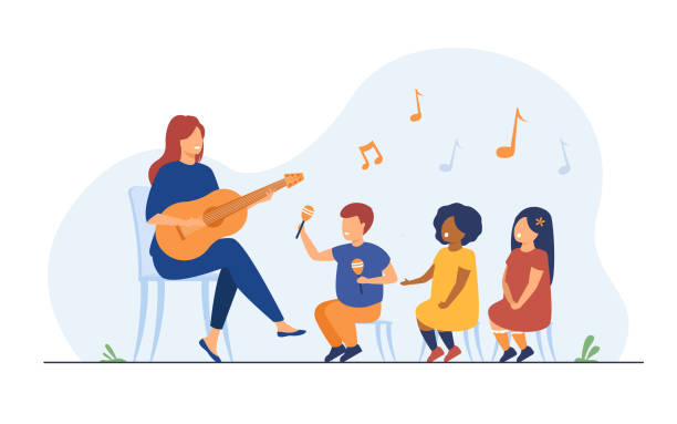 illustrations, cliparts, dessins animés et icônes de professeur de jardin d’enfants jouant de la guitare - child group of people multi ethnic group classroom