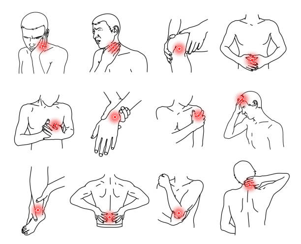 ilustraciones, imágenes clip art, dibujos animados e iconos de stock de dolor, ubicación del dolor en la parte diferente del conjunto del cuerpo del hombre. ilustración mínima del contorno vectorial. - pain joint human hand arthritis