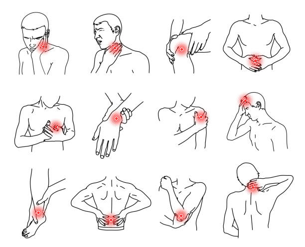 Pain, ache location in different part of man body set. Vector outline minimal illustration. Pain location in different part of man body set. Ache in head, neck, tooth, shoulder, knee, chest, abdomen, wrist, back, elbow, ankle. Vector outline minimal illustration isolated on white background. human back stock illustrations