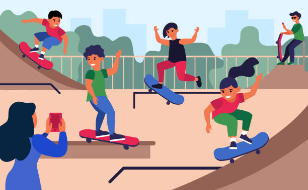 ilustraciones, imágenes clip art, dibujos animados e iconos de stock de adolescentes en la ilustración vectorial plana del parque del skateboard - skateboarding skateboard park teenager extreme sports