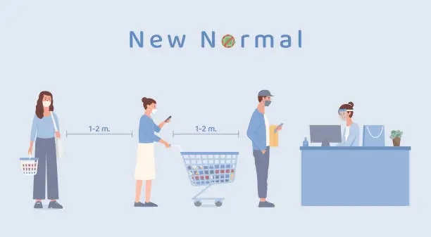 Vector illustration of People with shopping cart and holding basket standing standing in queue in the supermarket for waiting payment at counter cashier. The new normal about prevent Covid-19 spread.