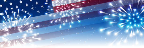 ilustrações, clipart, desenhos animados e ícones de bandeira panorâmica horizontal do dia da independência com bandeira americana e fogos de artifício no fundo do céu estrelado à noite - patriotism american flag flag usa