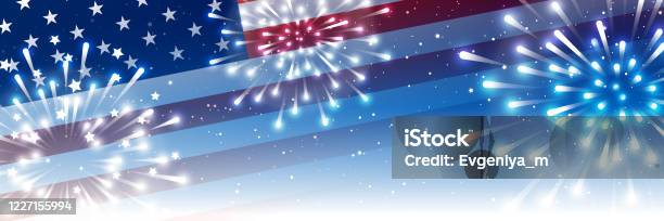 Independence Day Horizontal Panoramic Banner With American Flag And Fireworks On Night Starry Sky Background Stock Illustration - Download Image Now