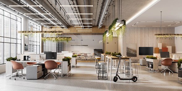 Creative office interior. 3D Rendering of modern and bright open plan office space.