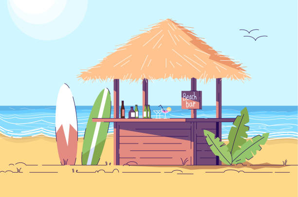 Empty beach bar counter and surfboards flat doodle illustration. Seaside scenery. Outdoor cafe on seashore. Exotic country. Indonesia tourism 2D cartoon character with outline for commercial use Empty beach bar counter and surfboards flat doodle illustration. Seaside scenery. Outdoor cafe on seashore. Exotic country. Indonesia tourism 2D cartoon character with outline for commercial use beach bar stock illustrations