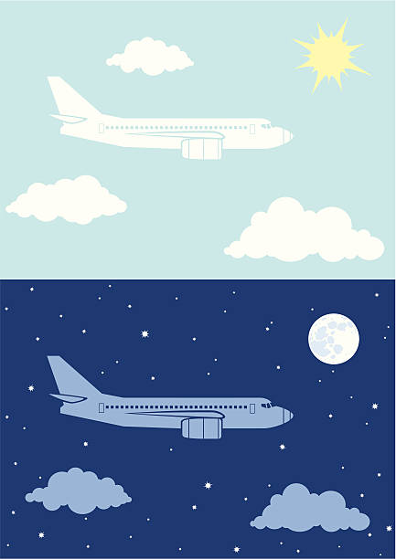 Aircplane flying in the sky Two illustrations airplane flying in the sky airplane flying cirrus sky stock illustrations