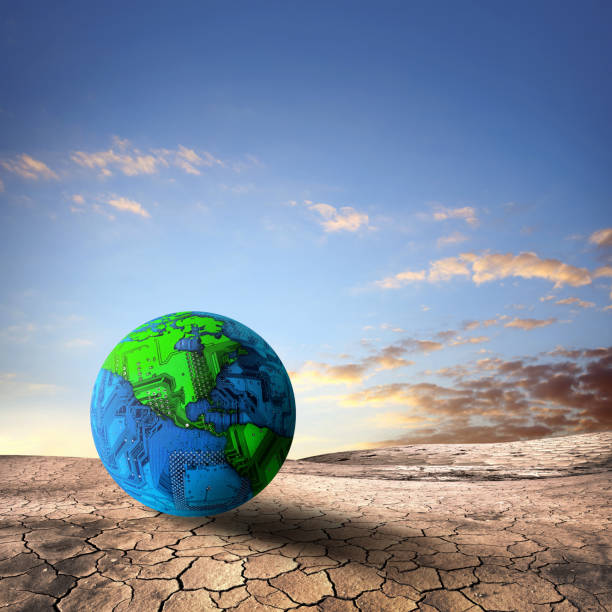 istock Virtual World on dry and cracked landscape 1227157762
