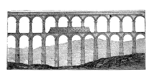 ilustraciones, imágenes clip art, dibujos animados e iconos de stock de ilustración antigua: acueducto de segovia - roman aqueduct