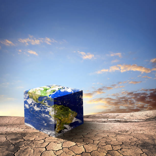 istock Cube World on dry and cracked landscape 1227161840