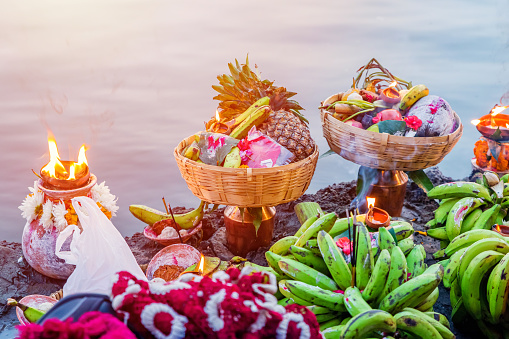 Closeup of various objects with Fruits and Vegetables offered to god at a religious Festival Chhath Puja,Offerings to god during Chath Puja,Hindu Festival