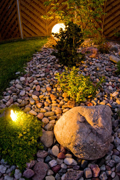 istock Home garden at night, illuminated by globe shaped lights. 1227165554