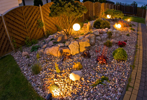 istock Home garden at night, illuminated by globe shaped lights. 1227166189