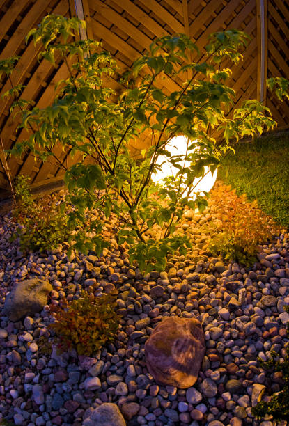 istock Home garden at night, illuminated by globe shaped lights. 1227166275