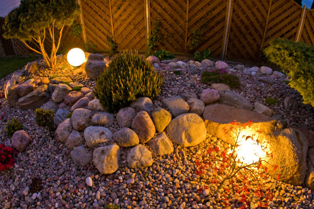 istock Home garden at night, illuminated by globe shaped lights. 1227166292