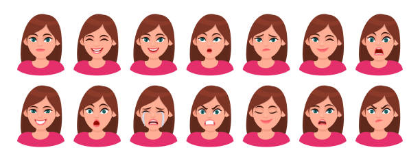 ilustraciones, imágenes clip art, dibujos animados e iconos de stock de conjunto de diferentes expresiones faciales carácter femenino. colección de sentimientos de mujeres jóvenes. hermosa chica emoji con varias emociones. collage del retrato de la dama linda. ilustración de dibujos animados en vector. - facial expression women multiple image thinking