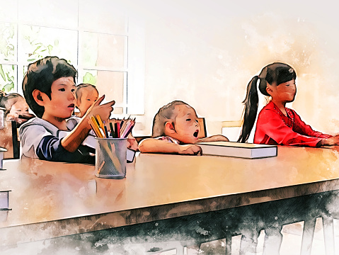 Abstract colorful kids boy and girls learning education in classroom on watercolor illustration painting background.