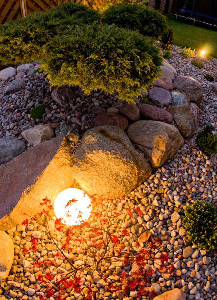 istock Home garden at night, illuminated by globe shaped lights. 1227170407