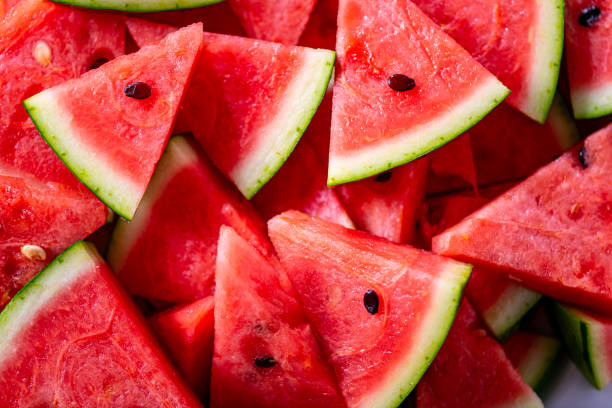 istock Closeup of sliced watermelon as texture background. 1227171783