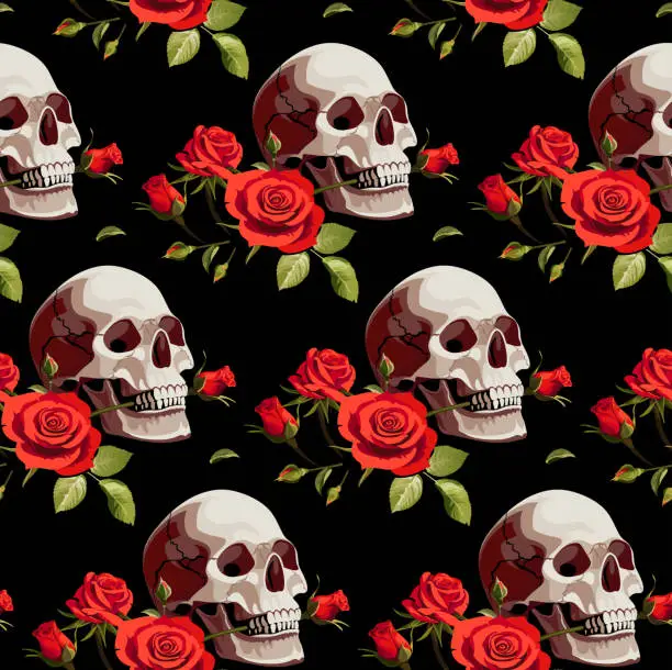 Vector illustration of Seamless Halloween Pattern with Skulls and Red Roses on a Black Background.