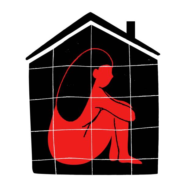 ilustraciones, imágenes clip art, dibujos animados e iconos de stock de ilustración vectorial con mujer sentada en casa con barras. - violencia de genero