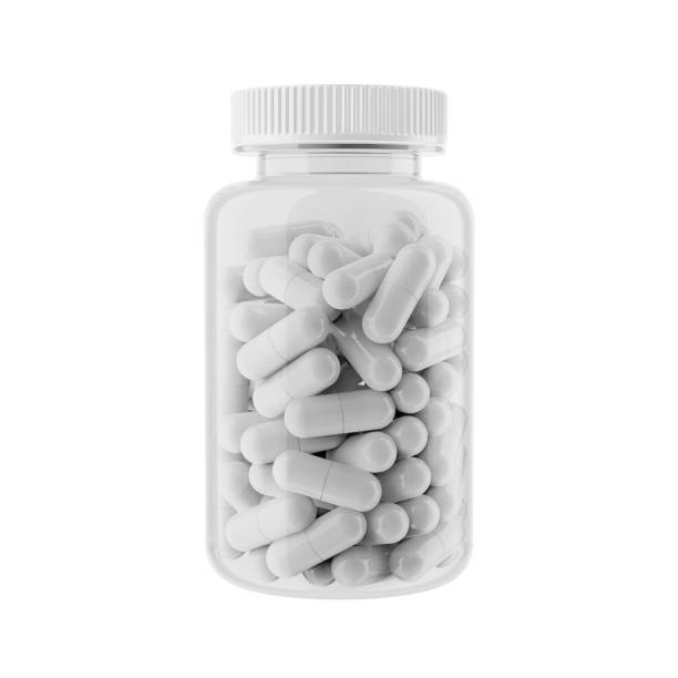 흰색 모자와 흰색 캡슐, 흰색 배경에 격리 된 광택 플라스틱 병을 취소합니다. - pill box pill box medicine 뉴스 사진 이미지