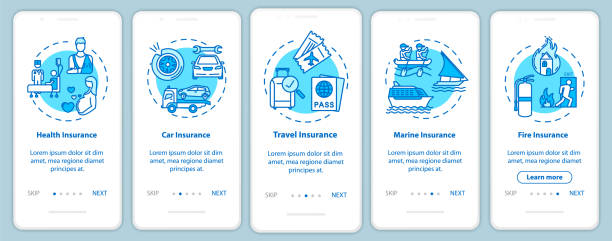 개념과 모바일 앱 페이지 화면을 온보딩 의료 계획. 여행 보호. 생명 보험 연습 5 단계 그래픽 지침. rgb 색상 일러스트레이션이 있는 ui 벡터 템플릿 - protection fire concepts visual screen stock illustrations