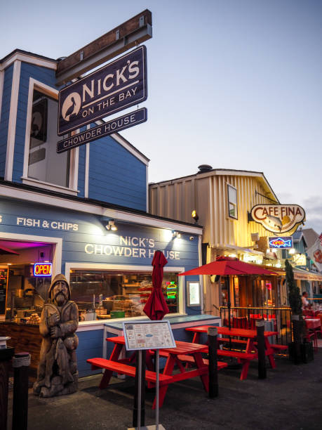 Restaurant in Fisherman's wharf in Monterey fishing village, California, USA In July 2019, restaurants were opened to welcome tourists during summer holidays in Monterey in California. city of monterey california stock pictures, royalty-free photos & images