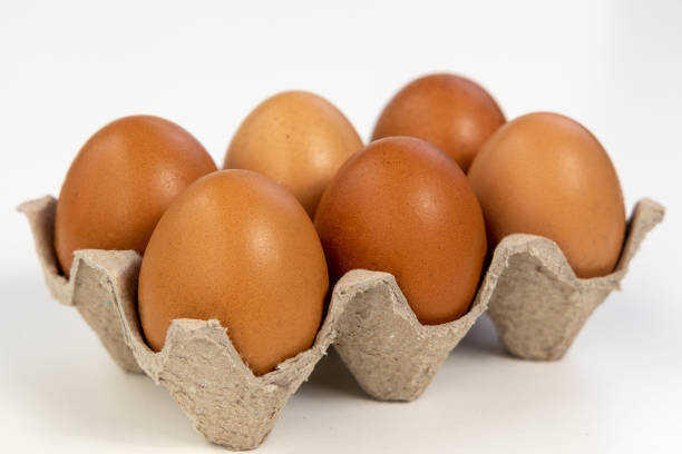 istock Raw Chicken eggs in cardboard egg box on white background. Eggs in the package. 1227173857