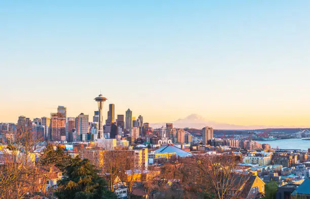 Photo of scenic view Seattle cityscape in the sunset time,Washington,USA.  -shoot in 12/31/2015 -editorial use only.
