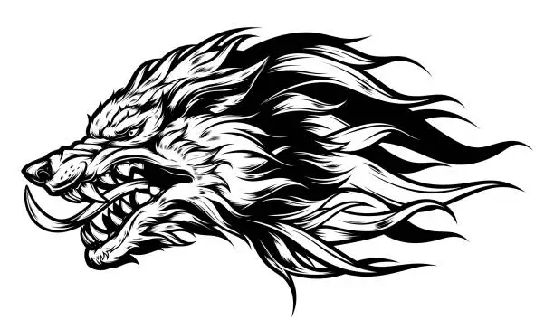 Vector illustration of Angry wolf head black and white
