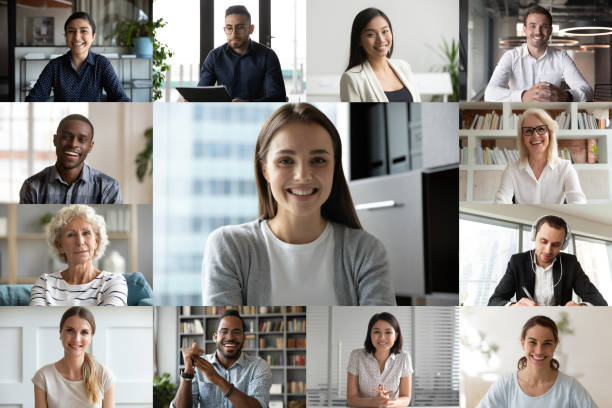 istock Screen view of diverse colleague talk on webcam conference 1227175716