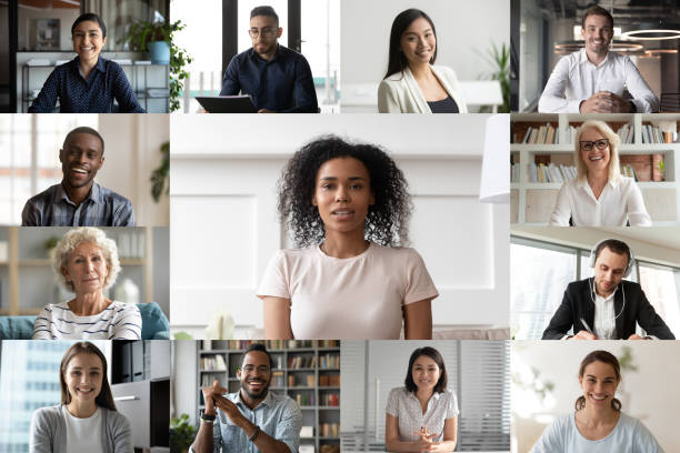 istock Screen view of multiethnic colleagues talk on video call 1227176474