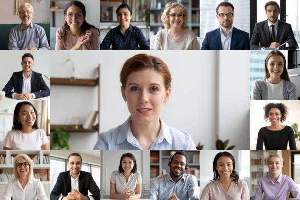 istock Screen view of diverse colleague have webcam team conference 1227176937